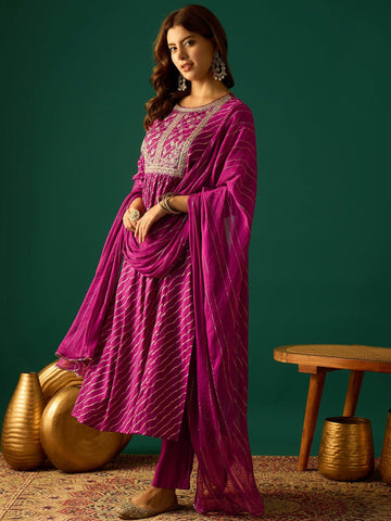 Bandhani-Printed Anarkali With Zari-Embroidered Yoke, Paired With Solid Trousers And Dupatta